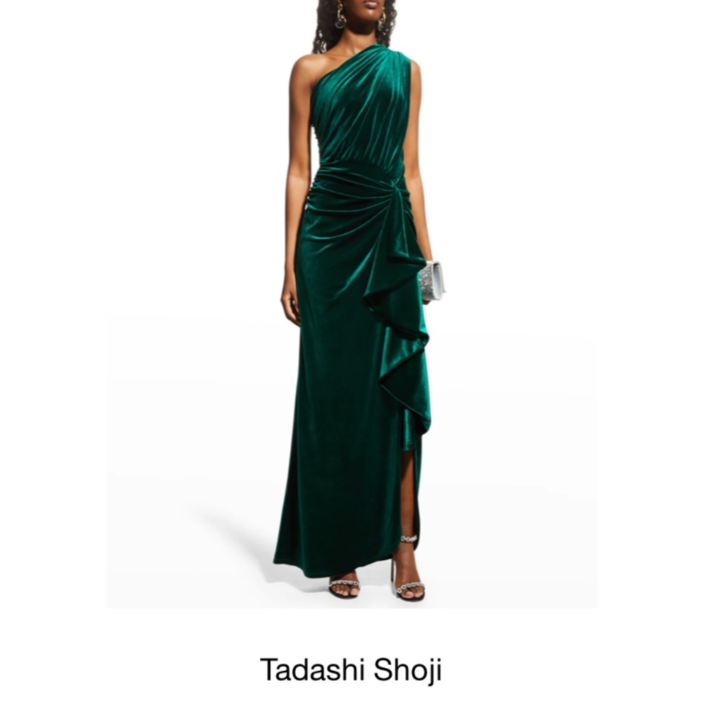 Tadashi Shoji Deep Green One-Shoulder Velvet Gown